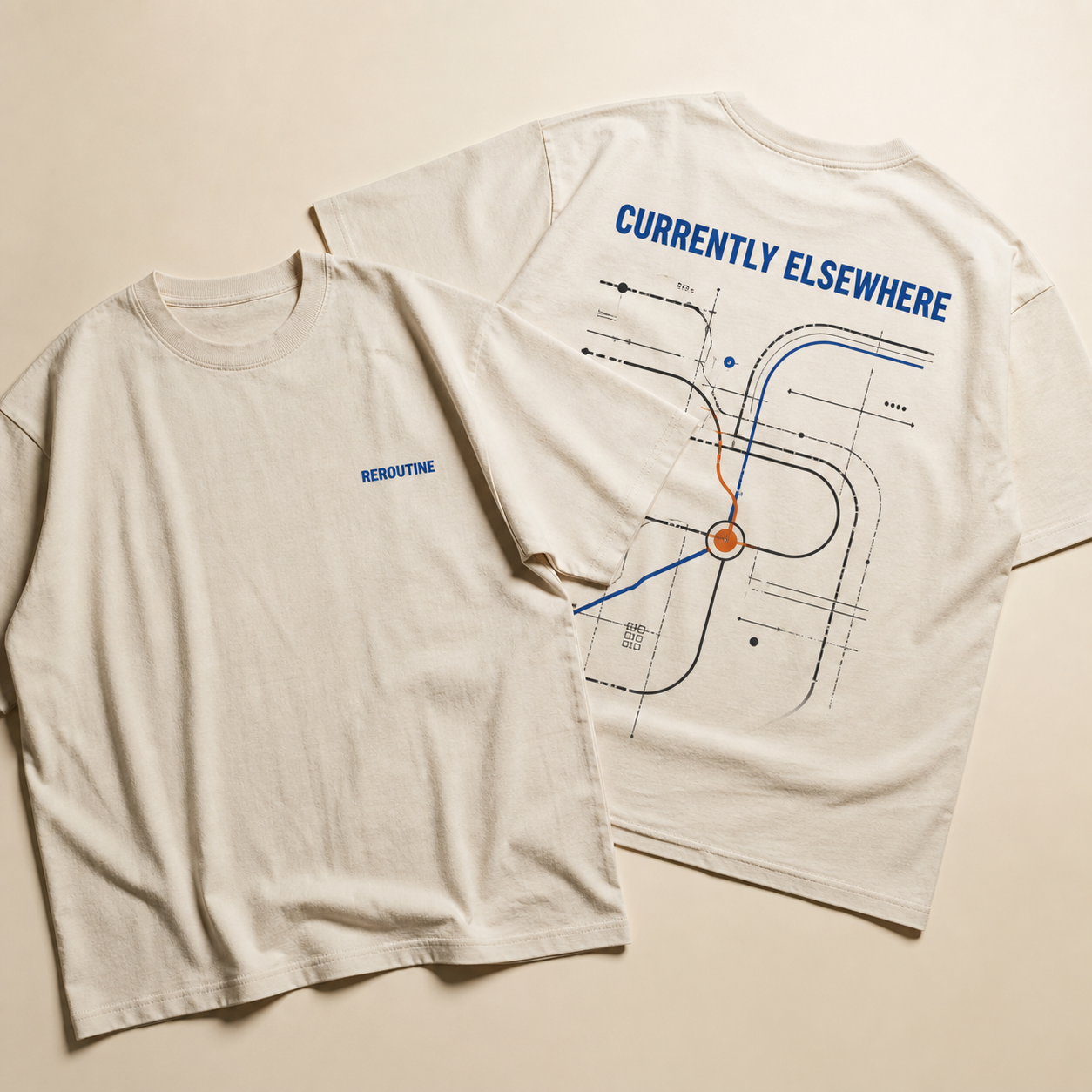 Bone heavyweight T-shirt with blue Currently Elsewhere graphic