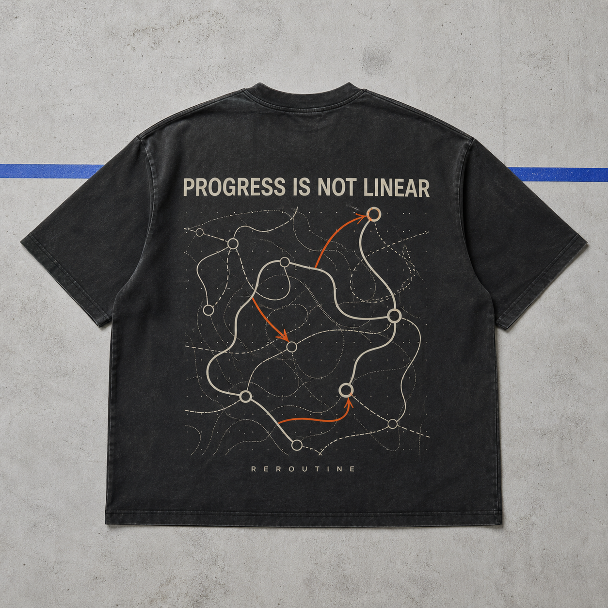 Black heavyweight T-shirt with Open Loops routing graphic